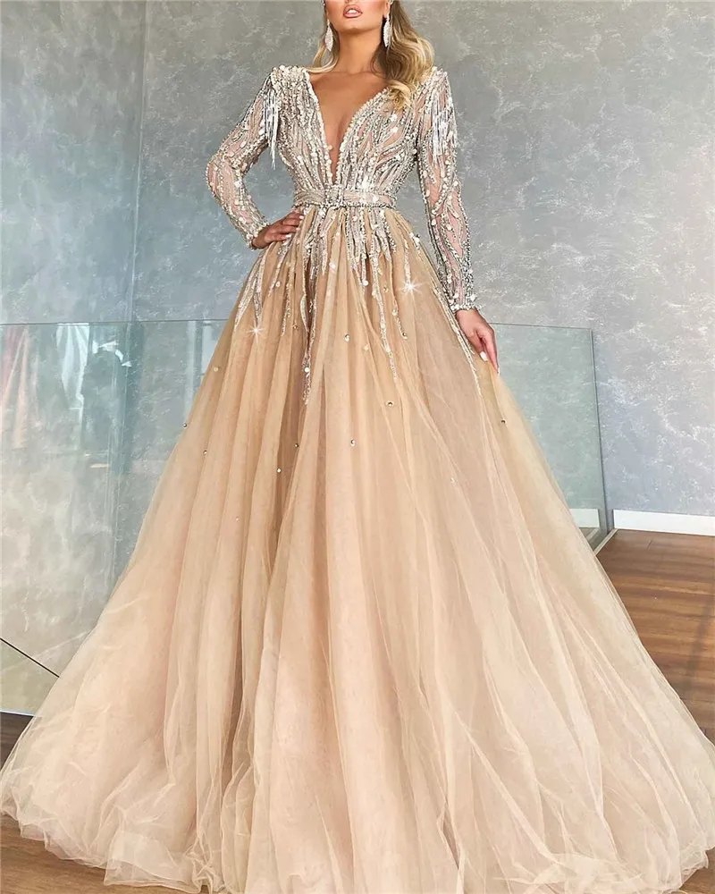Champagne Evening Dresses Luxurious 2023 Dubai African Sexy Sheer Long Sleeve Plunging V Neck Prom Gowns With Beads Sequins BC15004