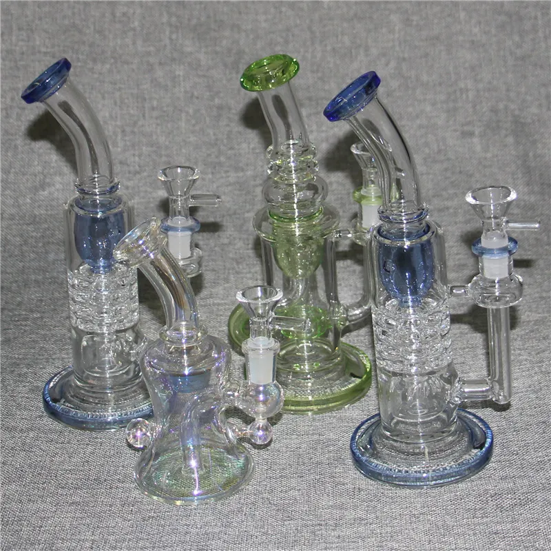 Rainbow Green Blue 3 Styles Recycler Glass Water Bongs Thick Glass Dab Rigs Water Pipes Beaker Bong Heady Oil Rig Bubbler för rökning för rökning