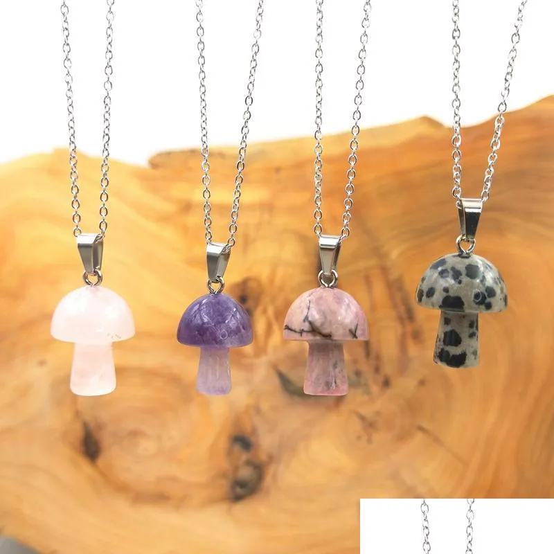 Pendant Necklaces Mini Mushroom Natural Stone Carving Reiki Healing Crystals Rose Quartz Necklace For Women Jewelry Wholesal Dhgarden Dhsnj