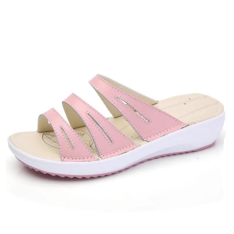 Tofflor casual kvinnors sandaler äkta läder sommarlägenheter skor kvinnor plattform kilar kvinnliga glider strand flip flops sy3