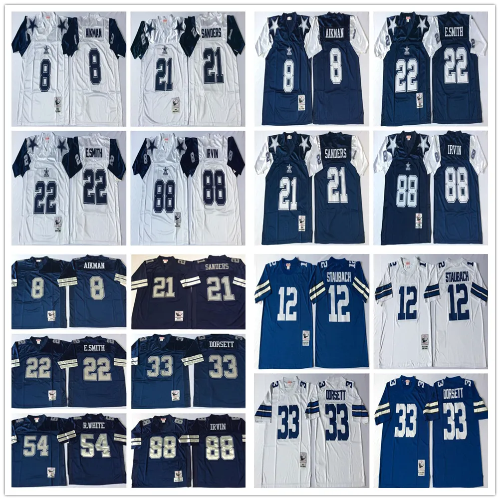 Vintage Dikiş 8 Troy Aikman Futbol Forması 12 Roger Staubach 21 Deion Sanders 22 Emmitt Smith 33 Tony Dorsett 88 Michael Irvin Beyaz Blue Jersey