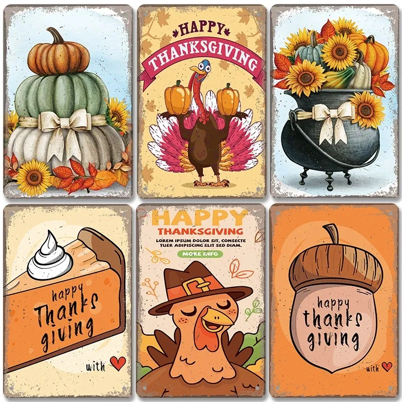 Happy Thanksgiving Day Poster Vintage Metal Tin Signs Pumpkin Sunflower Turkoner Metal Plate Wall Decor för fest vardagsrum 20cmx30 cm woo