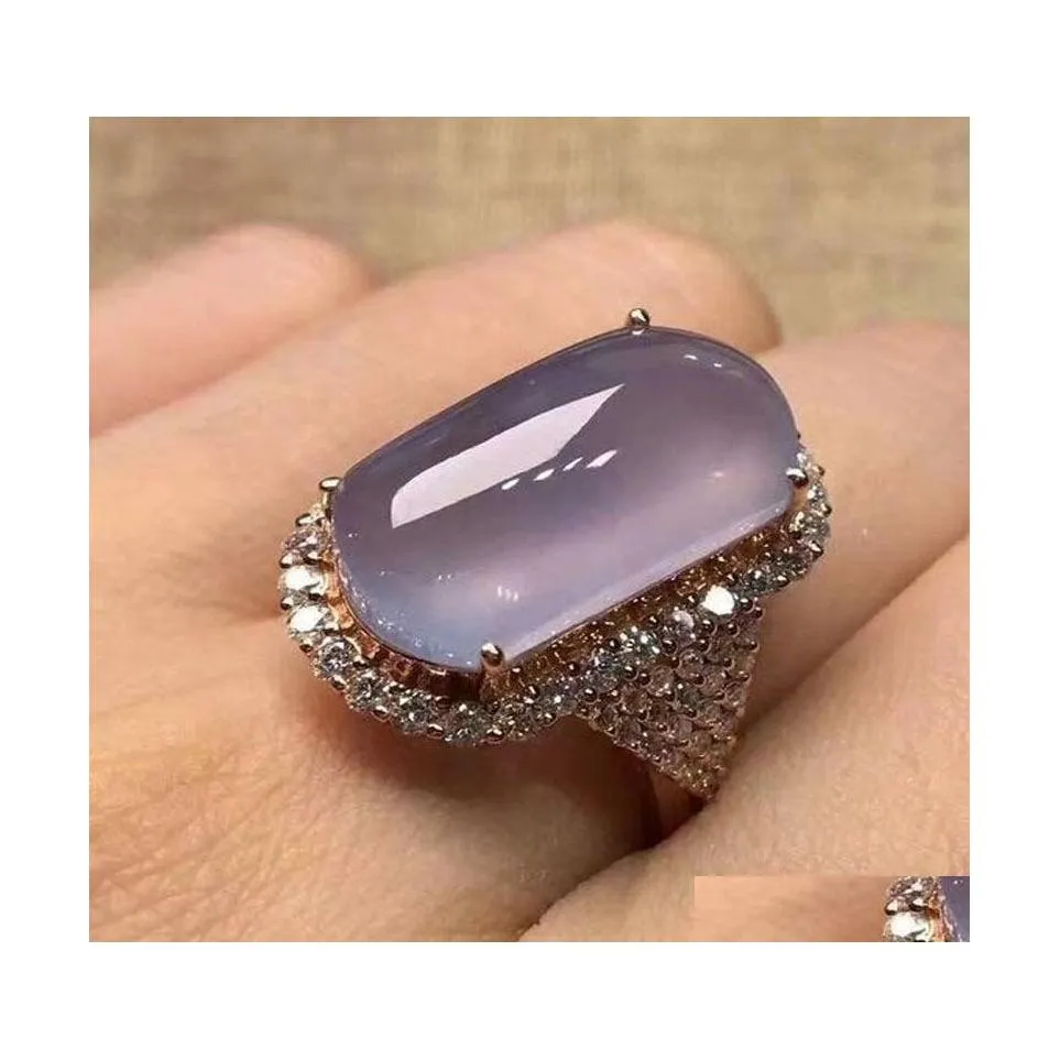 Solitaire Ring Luxury Purple Mellow Moonstone for Women Fashion Crystal Rose Gold Color Rings Br￶llopsengagemangsmycken Anillos Muj Dhjnz