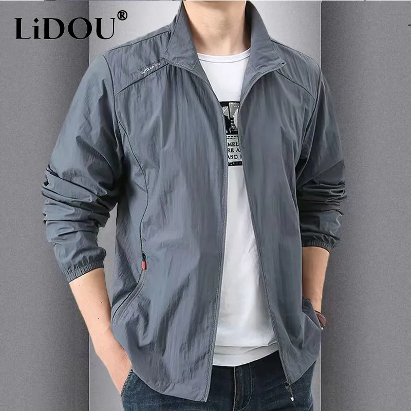 Mens Jackets Fashion Quick Drying Breathable Jacket for Man Loose Casual Stand Collar Coats Pocket Solid Outwears Sports Clothing 230203