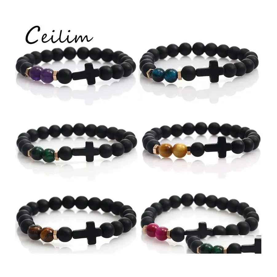 Beaded Strands Fashion Mens Natural Stone Cross Charm Bracelets Black Matte Beaded Handmade Women Men Healing Nce Prayer Drop Deliv Otyor