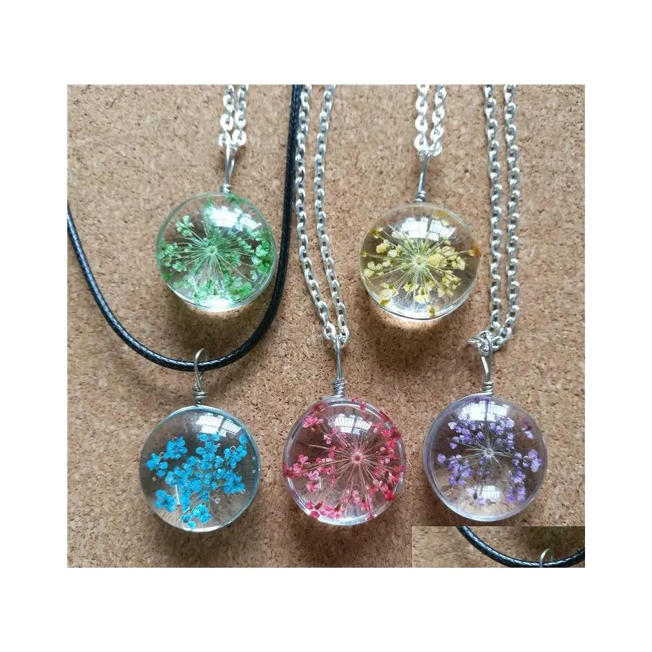 Pendant Necklaces Dried Flowers Glass Ball Necklace Choker Wedding Jewelry Strip Leather Drop Delivery Pendants Dh2Er