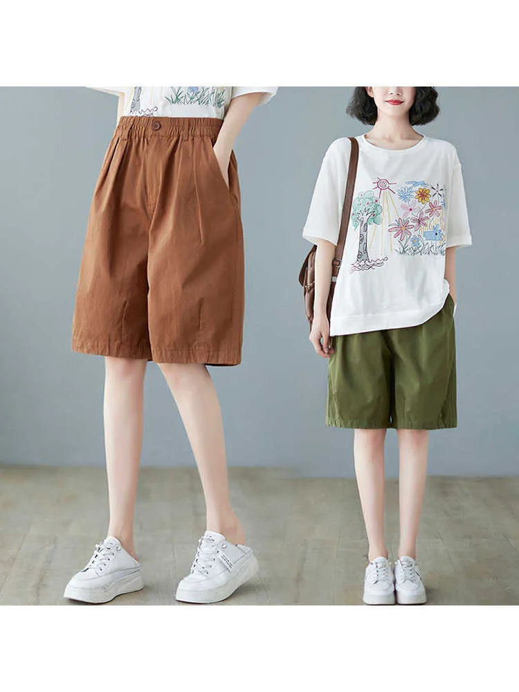 Women's Shorts Summer Women Casual Vintage Loose Cotton Elastic High Waist Elegant Office Lady Daily All-Match Simple Knee Length Pants Y2302