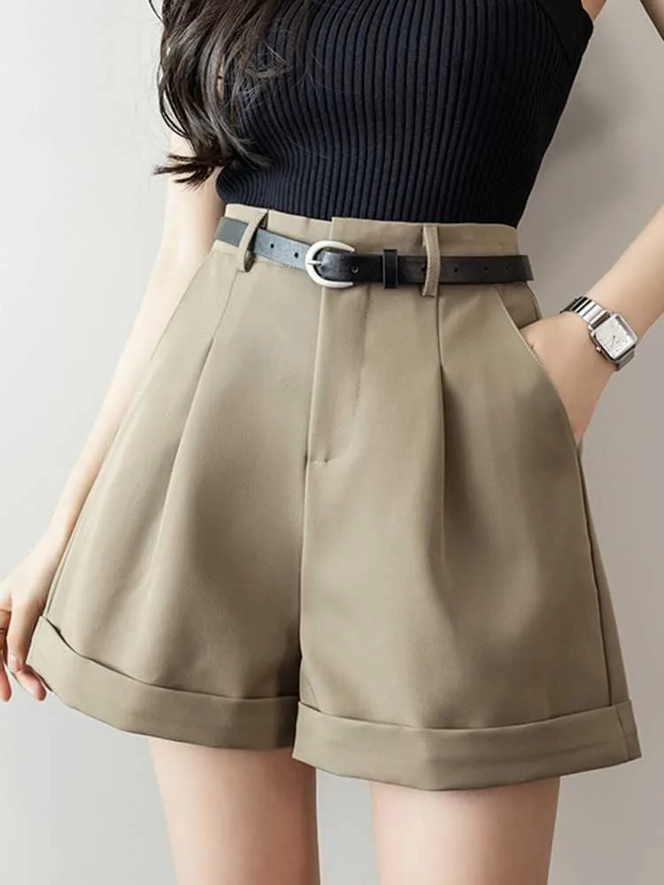 Women's Shorts Elegant Fashion England Style Women Summer 2022 High Waist Solid Color All-match Suit Short Pants With Belt Female W1134 Y2302