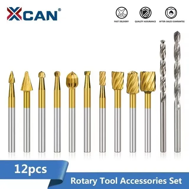 XCAN HSS Routing Router Drill Bits 12pcs for Dremel Carbide Rotary Burrs Wood Metal Root Carving Milling Cutter Twist Drill Bit