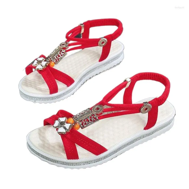 Sandals For Women Casual Beach Outdoor Vintage Beading Flip Flop Metal Decoration Ladies Flat Shoes Big Size 36-40