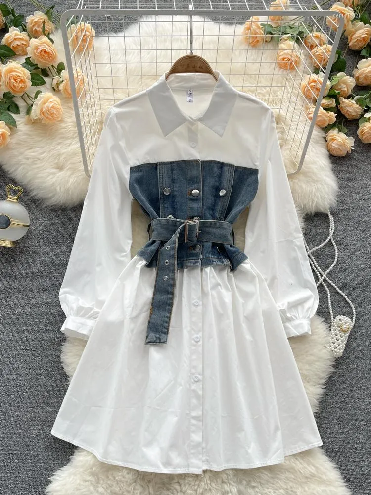 Casual Kleider LY Varey Lin Frühling Herbst Frauen Mode Polo Neck Denim Patchwork Kurzes Kleid Dame Einreiher Langarm 42