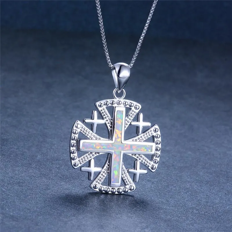 Anhänger Halsketten Luxus Weibliche Große Kreuz Anhänger Mode Weiß Blau Feuer Opal Halskette Silber Farbe Hochzeit Für WomenPendant