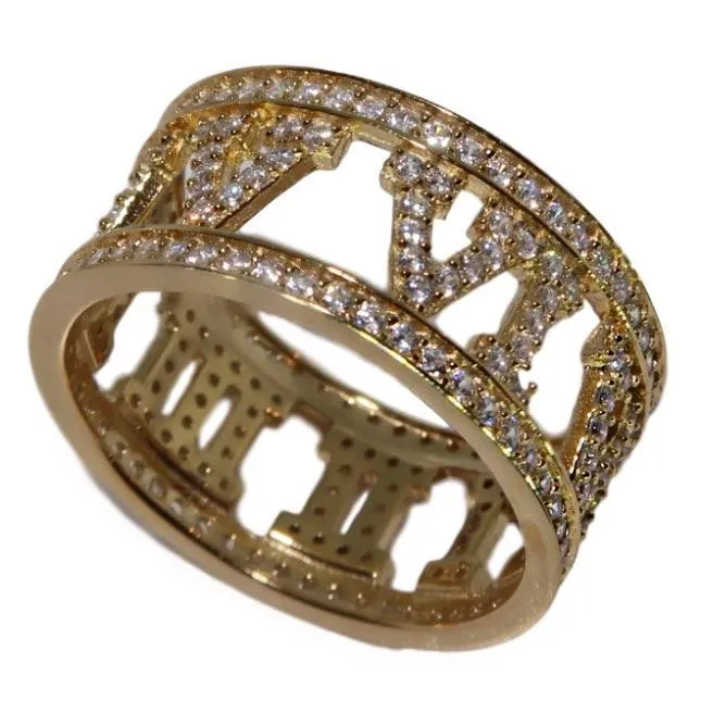 Anillos de boda Color oro Micro Pave Cubic Zirconia Números romanos Diseño Dedo para mujeres Hombres Ancho Cz Banda Pareja Joyería Boda Boda