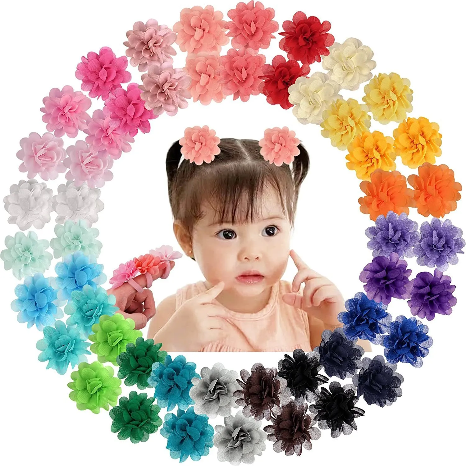 Hair Rubber Bands 50PCS 25 Pairs Baby Girls Ties 2inch Chiffon Flower Bows Soft Elastics Ponytail Holders 230202