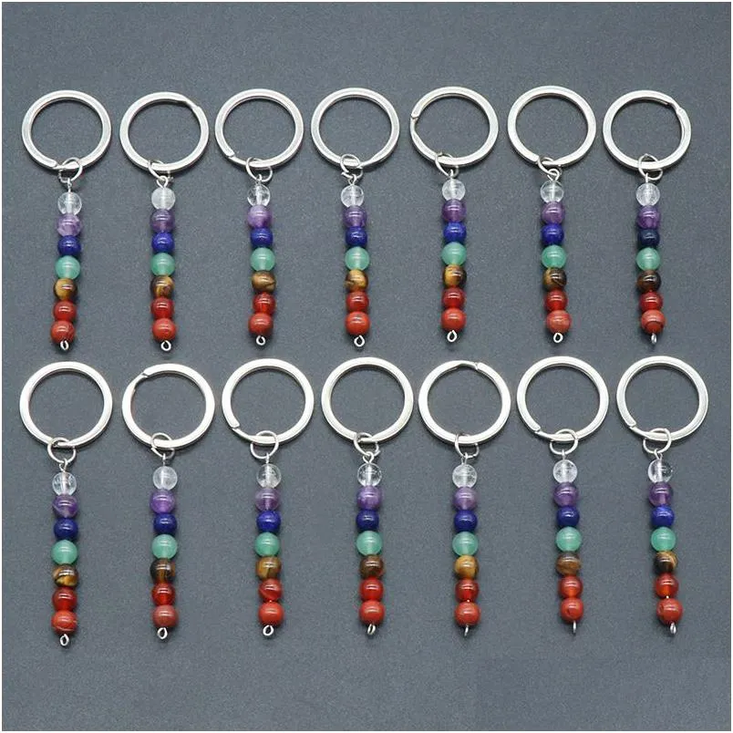 Keychains Lanyards Natural Crystal Stone Keychain 7 Chakra Beads Key Rings Bag Pendant Car Decor Chain Keyholder Drop Deli Dhgarden Dhtcn