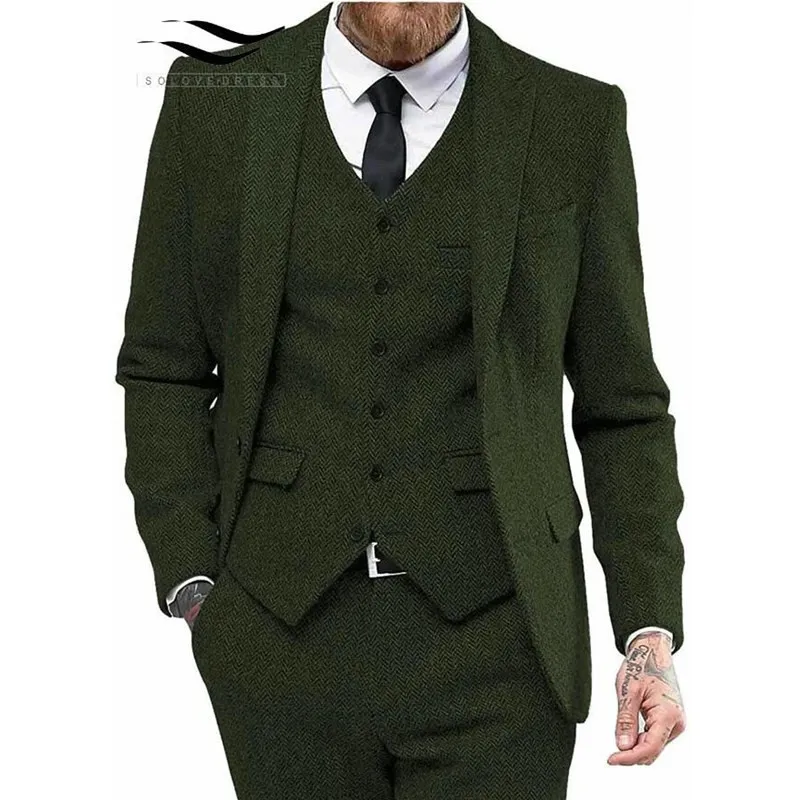 Herrenanzüge, Blazer, Geschäftsanzug, 3-teilig, Tweed, Fischgrätmuster, Reverskragen, Hochzeit, Bräutigam, Smoking, formeller Anzug, Blazer, Weste, Hose 230203