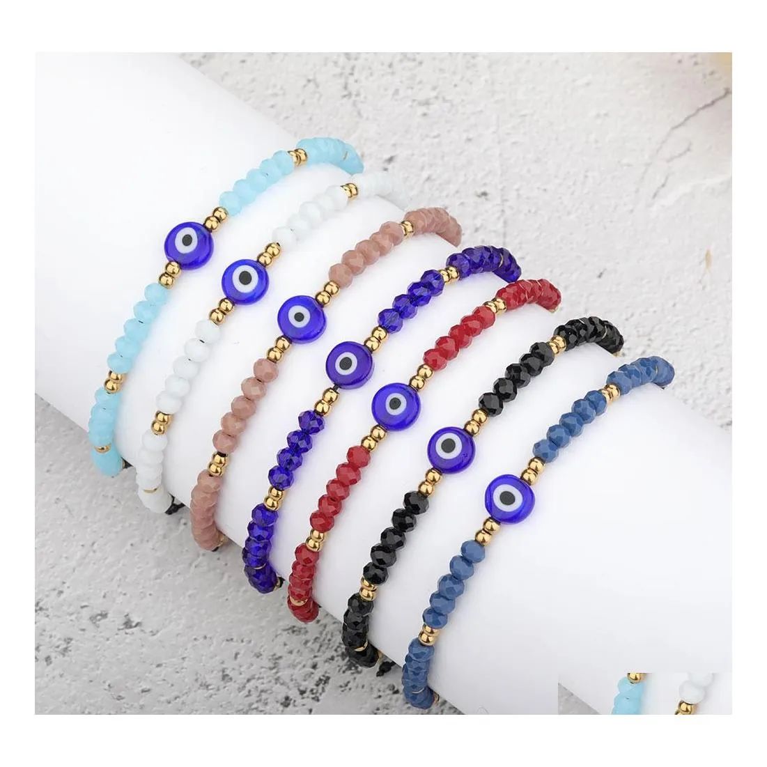 L￤nkkedja handgjorda fl￤tade onda bl￥ ￶gonarmband rostfritt st￥l kristallp￤rlor armband f￶r kvinnor flickor sl￤pp leverans smycken otr3b