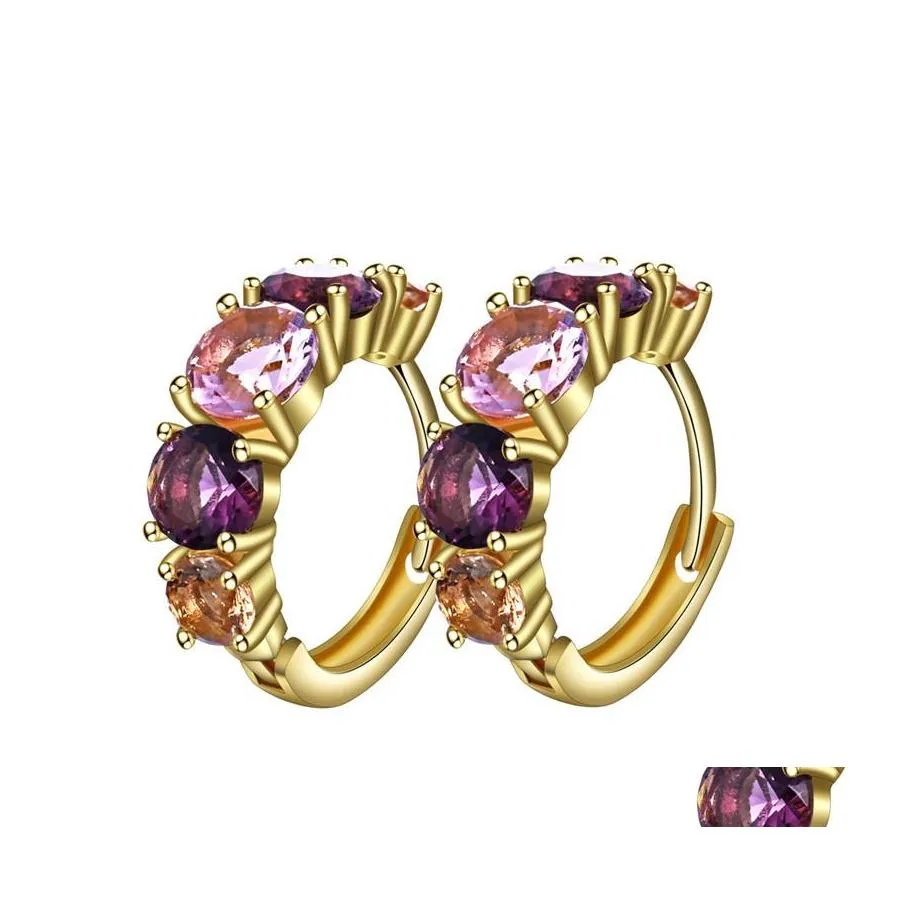 Hoop Huggie Orecchini di moda per le donne Color oro placcato con gioielli di dichiarazione di cristallo di zircone viola rosa Goccia di alta qualità Delive Otisz