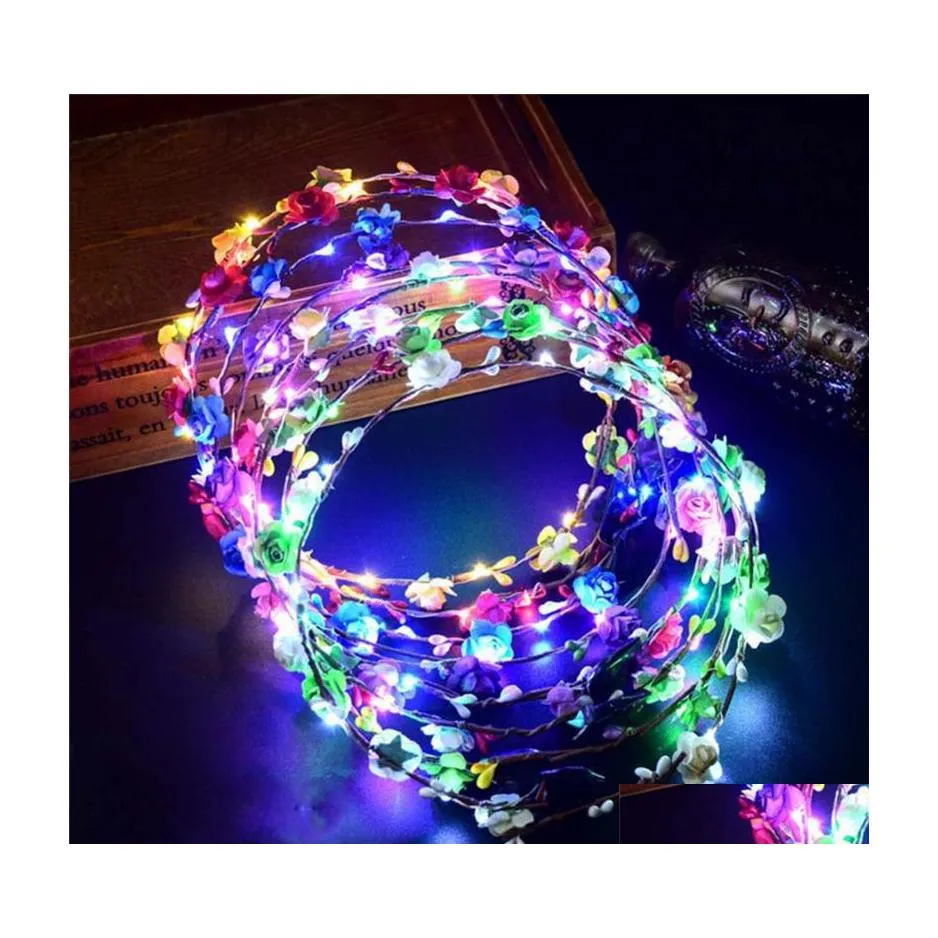 Novelbelysning LED -pannbandslampor Gl￶dstr￤ngar Flower Crown Bandband Light Up Hair Wreath Hairband Garlands Women Christmas Part Dhupt