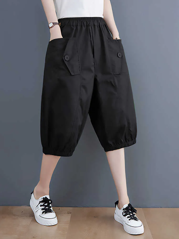 Pantaloncini da donna Moda estiva Pantaloni a mezza lunghezza Elastico in vita Tasche tinta unita Pantaloni larghi casual stile coreano da donna Y2302
