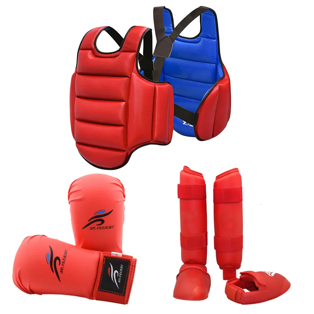 Equipamento de proteção Luvas de karatê Taekwondo Dobok Conjunto de uniforme de equipamento de sparring Capacete Caneleiras Equipamento de boxe MMA Equipe Peito Terno Bo226M