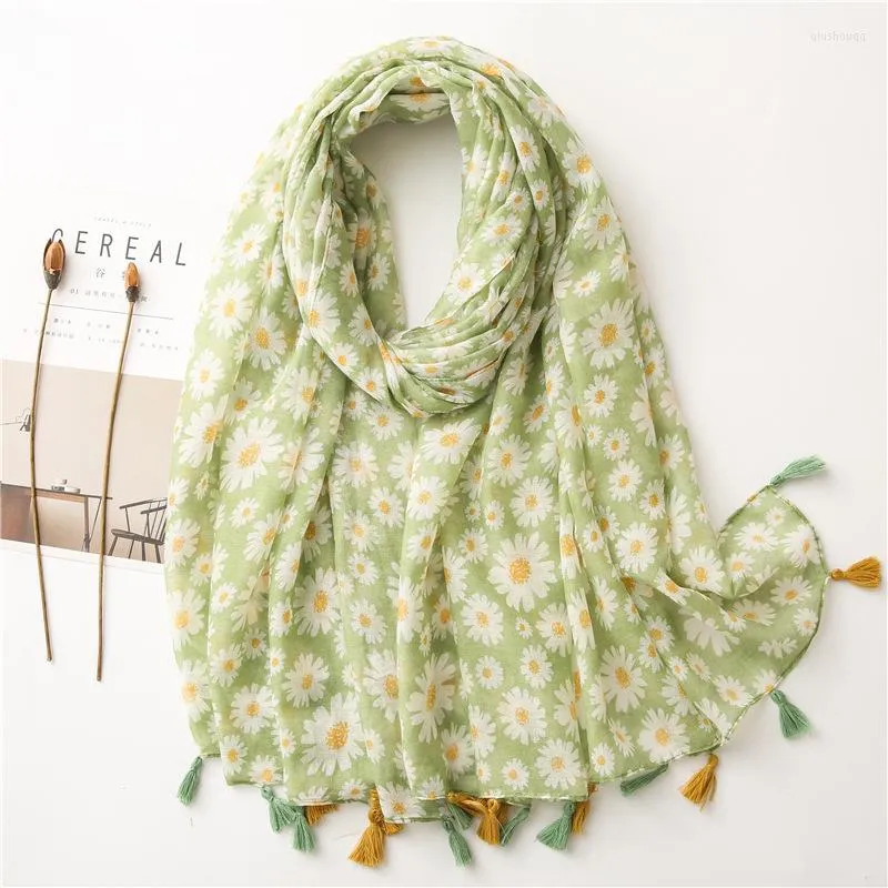 Scarves 2023 Fashion Green Floral Viscose Scarf Tassel Hijab Shawls Wraps Female Foulards Echarpe Muslim Cachecol Feminino Inverno