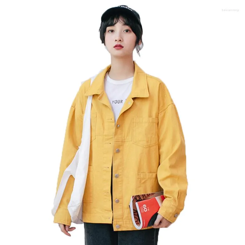 Kvinnorjackor Yellow Denim Jacket Women's Korean Style Spring Autumn Casual Single-Breasted Pocket Outerwear Tooling Coat 2023