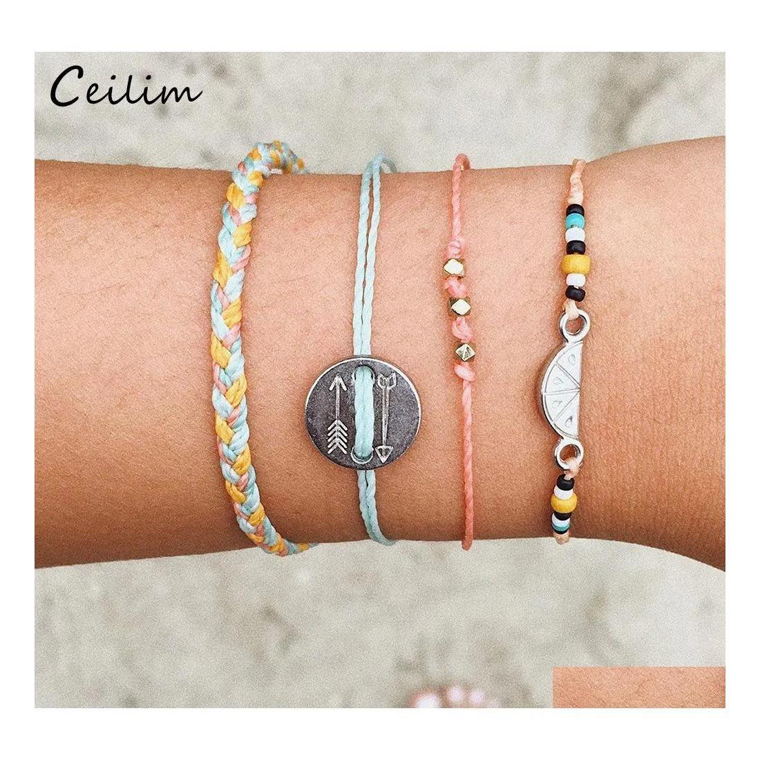 Link Chain 4pcs/Set Boheemian Summer Watermelon Arrow Braw Bracelet Fresh Candy Color Cute Girl Handgemaakte geweven kralen Drop levering OTFCB