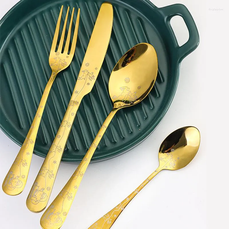 Dijkartikelen sets 4 stks gouden set roestvrijstalen kerstkuisspiegel spiegel zilverwerk mes vork lepel home service flatware