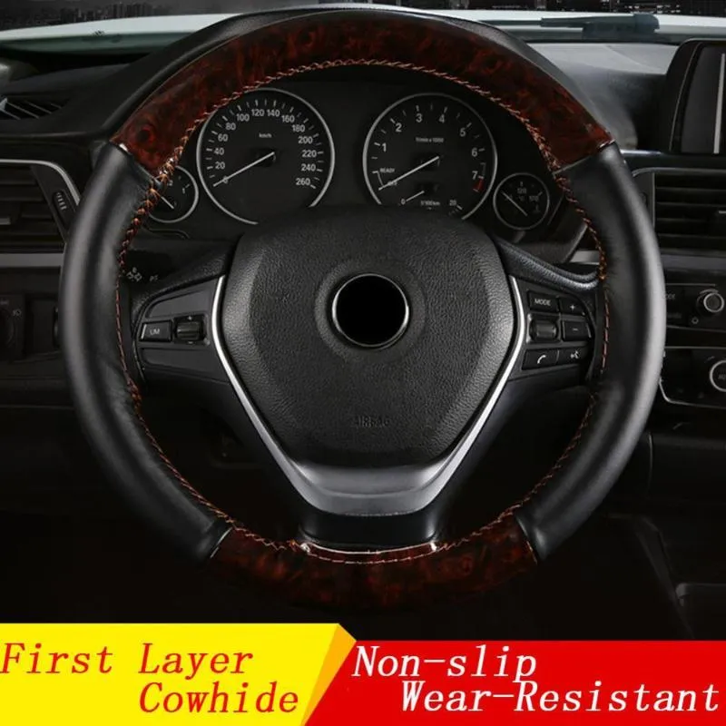 Steering Wheel Covers 15 Inch/38 Cm Genuine Leather Car Cover Anti-slip Steering-Wheel Braid Stitch On Wrap With Needle And Thread