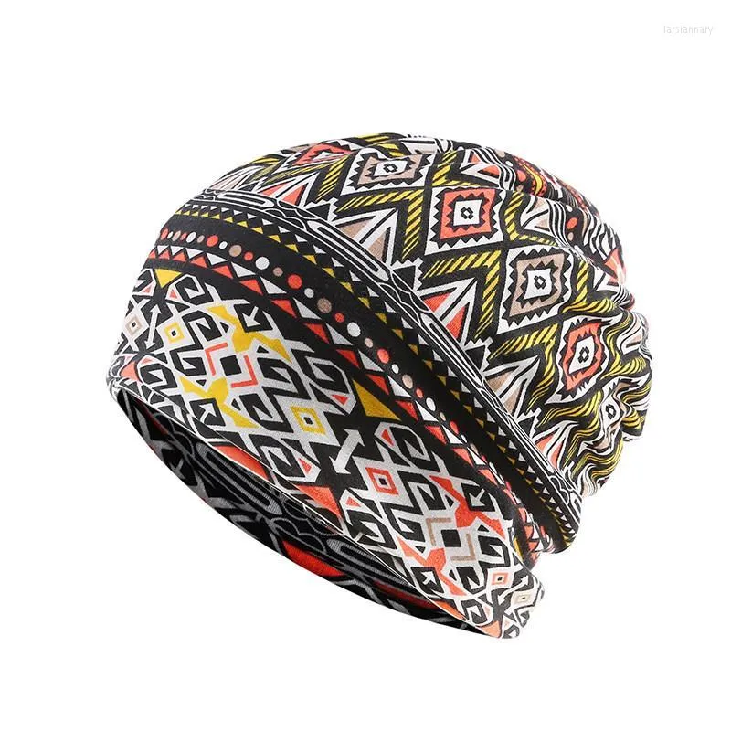 Berets 2023 Cotton Autumn Winter Skullies Cap Beanie Hat Geometric Print Turban Scarf Dual Use for Men and Women 60