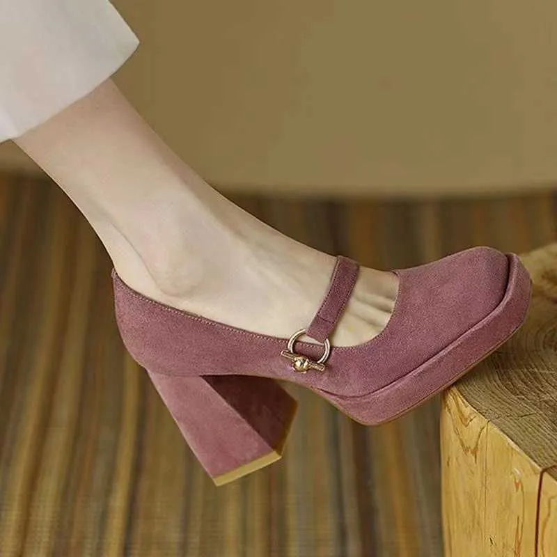 High Heeled Mary Jane Shoes Taro Color 2023 New Suede With Skirt