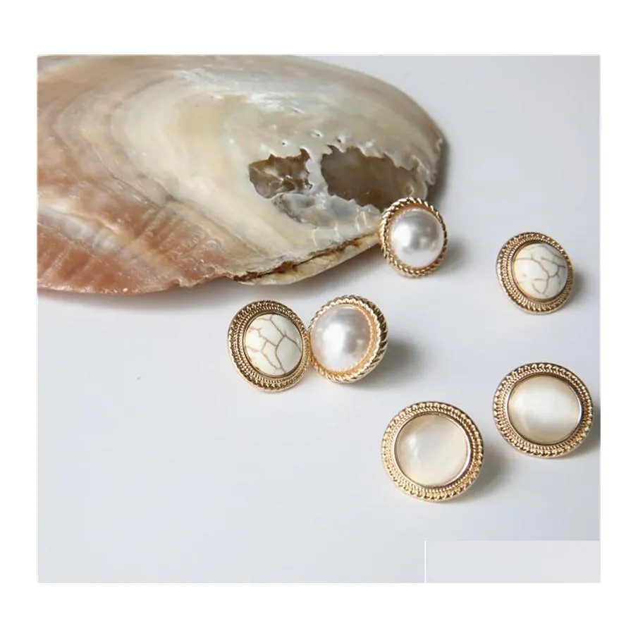Stud Vintage Round Big Opal Stone Earrings For Women Unique Design Marble Earring Temperament Simated Pearl Jewelry Wholesale Drop De Othn7