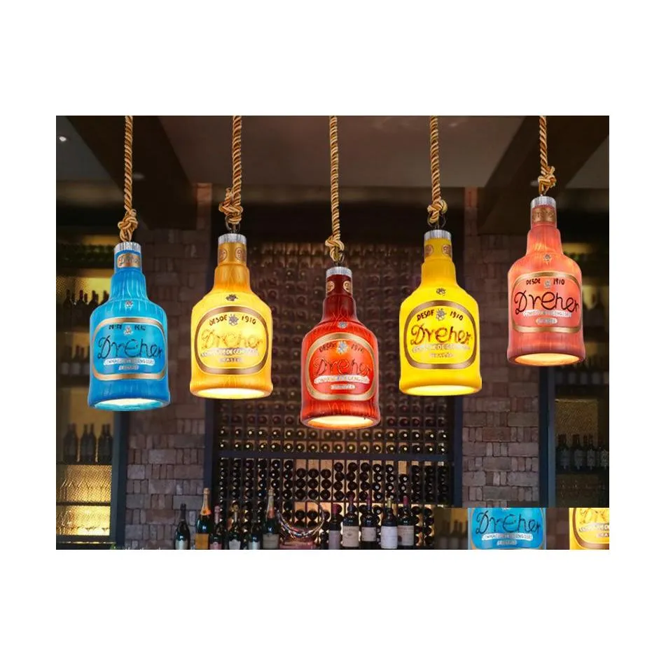 Pendant Lamps Creative Bar Chandeliers Shop Restaurant Lounge Personalized Single Retro Wine Bottle Head Decorative Drop Delivery Li Dh16M