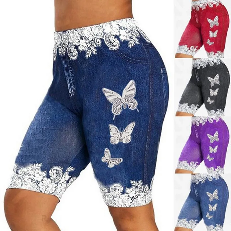 Yoga Outfit Ladies Lace Print Denim Sports Shorts Tight High Waist Summer Casual Pencil Pants Running Faux JeansYoga