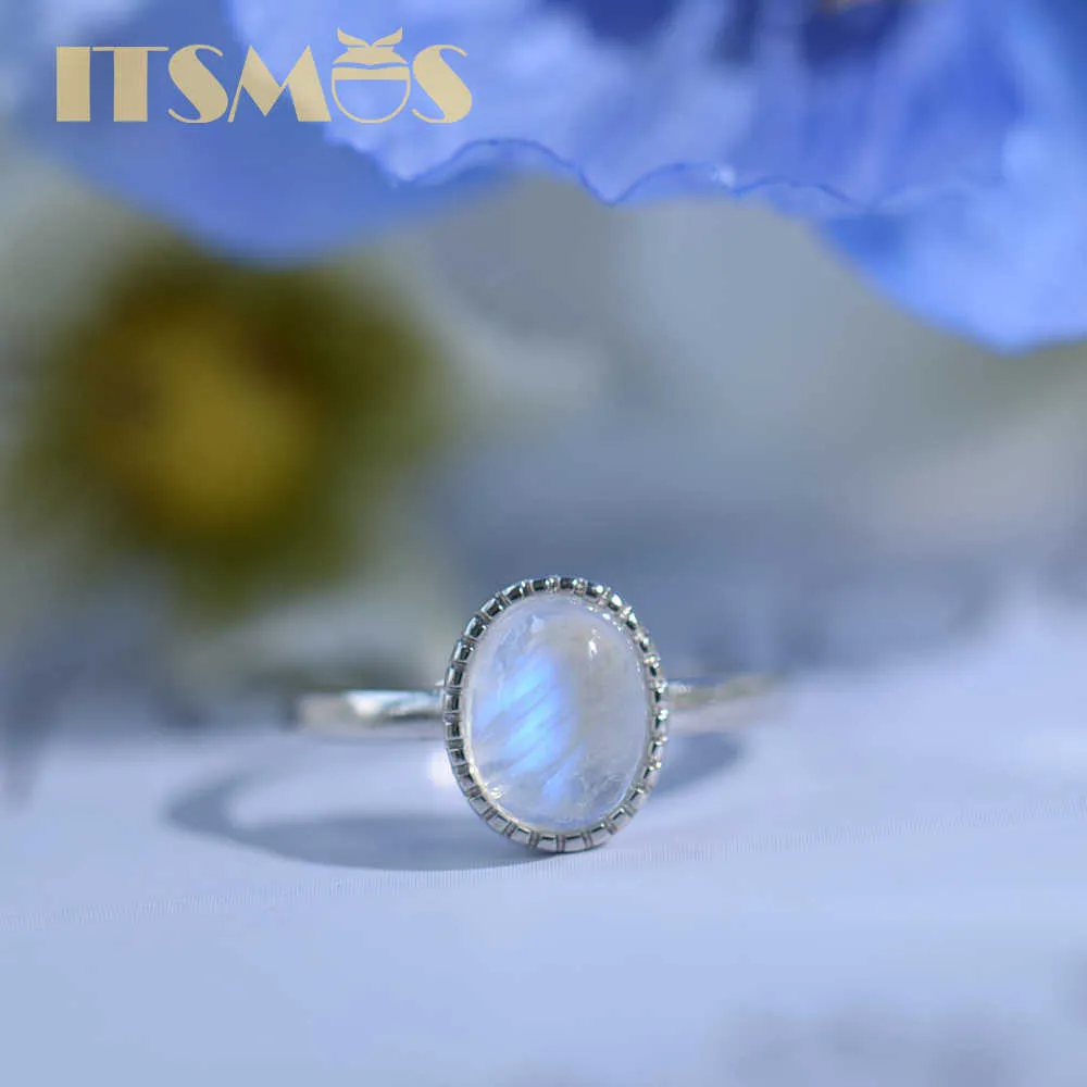 Solitaire Ring ITSMOS Blue Bright Moonstone Silver Rings Luxury Natural Gemstone 10mm Band Jewelry Classic Oval for Womens Lover Gift Y2302