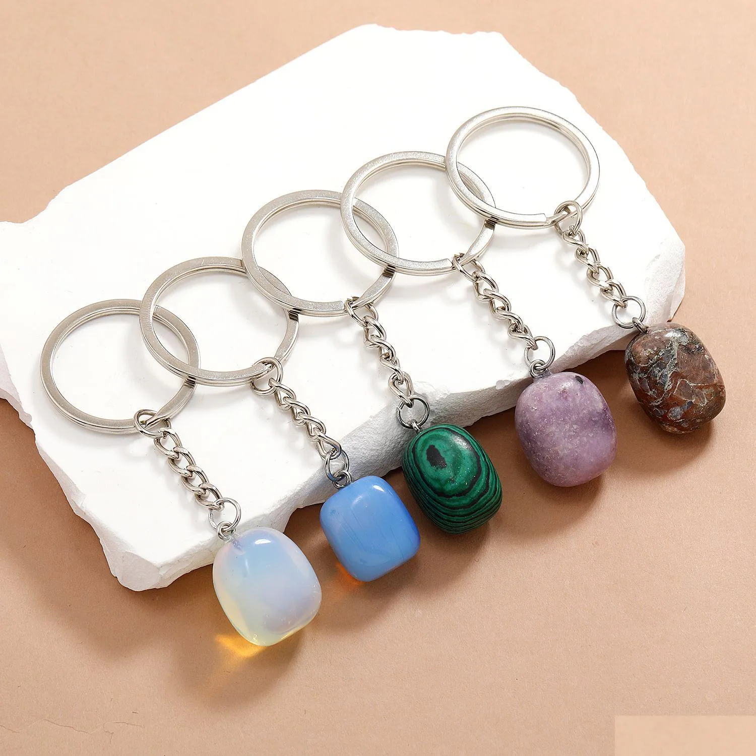 Keychains Lanyards Irregar ellips Crystal Opal Natural Stone Key Rings Square Gem Charms Helende sleutelhangers voor vrouwen Men Dhgarden Dhrwu