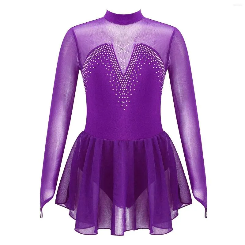 Girl Dresses Kids Girls Ballet Dance Dress Ballerina Costumes Long Sleeves Rhinestone Mesh Figure Skating Gymnastics Workout Leotard