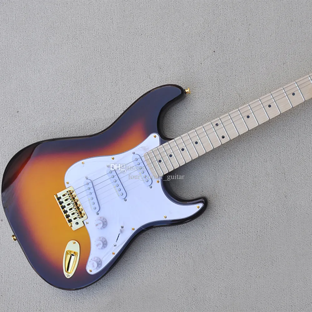 6 strings tabak Sunburst elektrische gitaar met gouden hardware esdoorn fretboard SSS pickups aanpasbaar