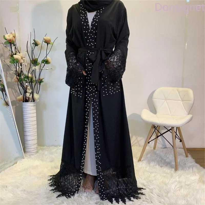 Ethnic Clothing Robe Femme Musulmane Cardigan Middle East Pärled Lace Pocket Arab Muslim Fashion Abaya Kimono Dubai Turkiet Bälte