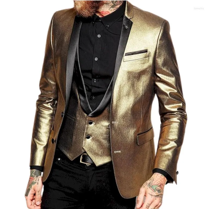 Abiti da uomo Oro Prom Uomo Slim Fit 3 pezzi Blazer Gilet con pantaloni neri Risvolto con risvolto Groomsmen Smoking per matrimonio Moda maschile