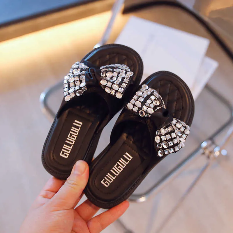 Slipper Kids Girls Bow Rhinestone Sweet Casual Open Teen Outdoor Slippers 2022 Spring Nieuwe ademende niet-slip kinderen Fashion Flats PU 0203