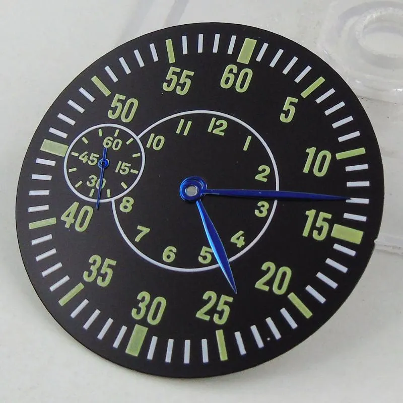 Kit di riparazione per orologi Strumenti 38,9 mm Numeri verdi Quadrante nero Lancette blu Adatta per quadranti di orologi da polso con movimento ETA 6497 ST 3600