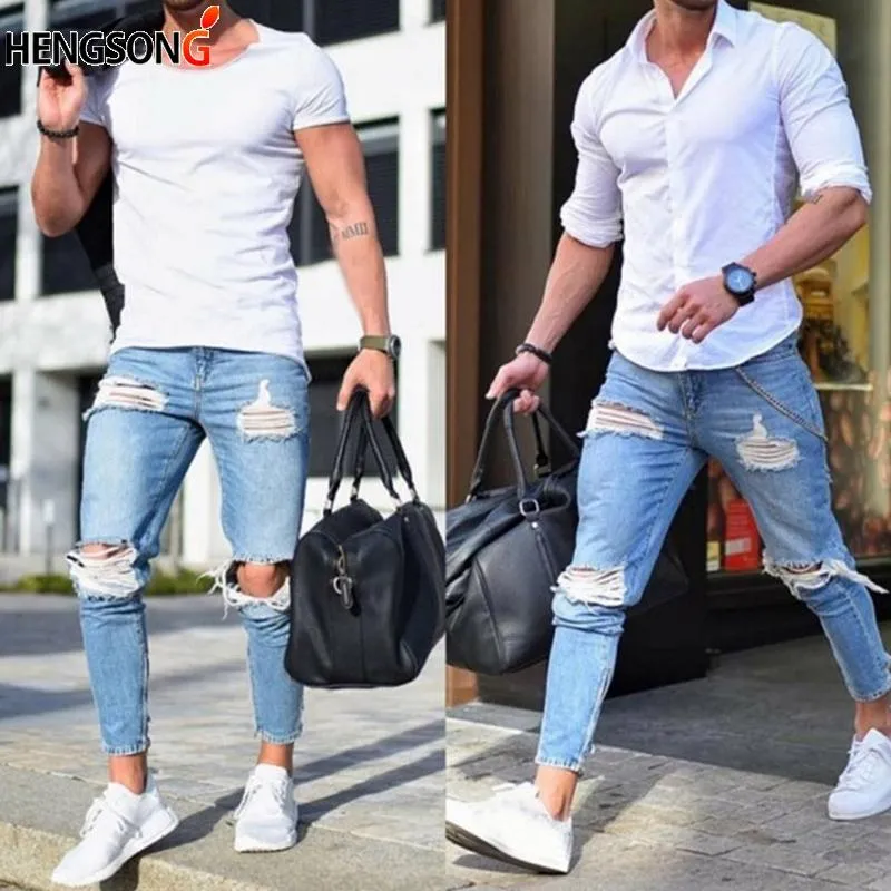 Pantalones Vaqueros De Hombre Elasticos Destruidos Diseno Rasgado Moda Tobillo Pantalones Cremallera Flacos Para Hombres De 19 45 DHgate