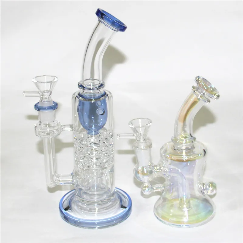 Rainbow Blue Green Colors Glass Bongs Hookahs Recycler Water Pipes Bägare bong tjocka hårda dabriggar med 14 mm skål manlig