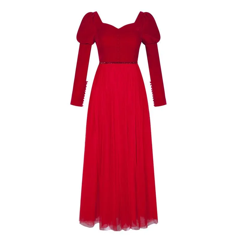 Lässige Kleider, rotes Mesh-Patchwork-Samt-Partykleid, tief ausgeschnitten, herzförmiger V-Ausschnitt, Knöpfe, lange Ärmel, Strass-Taille, nackter Rücken, Maxi