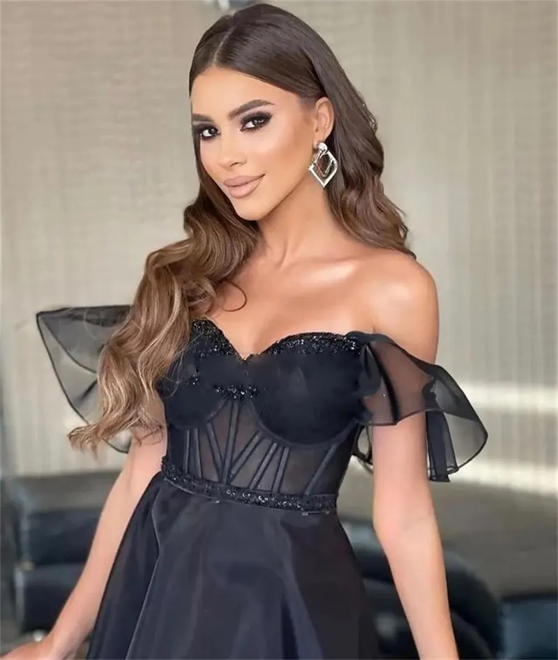 Black Short Off The Shoulder Prom Dresses Tulle 2023 Sequined Sweetheart Tea Length Robes De Soiree Vestidos De Evening Gowns