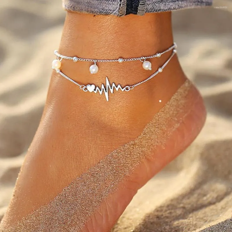 Anklets Böhmen flerskiktslås Snake Chain Anklet för kvinnor Trend Pearl Pendant Foot Armband strandsmycken