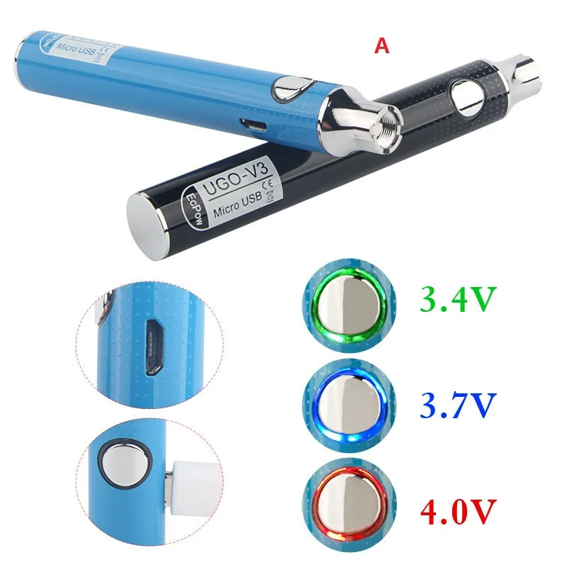 2set Ugv3 510 Gewinde EVOD Vape Stift Ecigarette Evod Verdampfer Stift Vorheizen VV Verdampfer elektronische Zigarette variable Spannung elektronische Zigarette 650 900mA