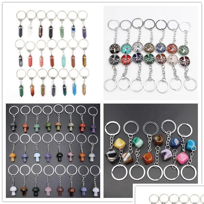 Keychains Lanyards Zhexagon Prism reiki genezing natuursteenboom chakra amethist roze roze kristal sleutel ringen sleutels wom dhgarden dhsmw